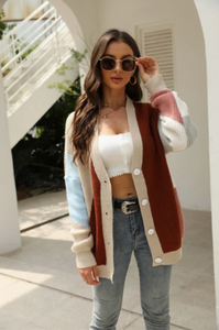 Knit Color Block Button Cardigan - Burgundy