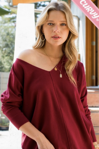 Burgundy - Cozy V Neck Sweater - Plus Size