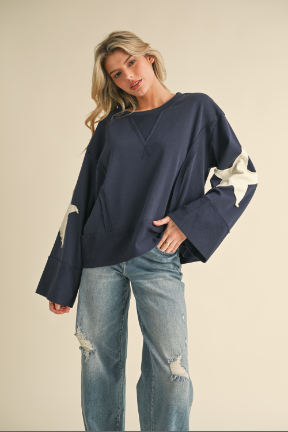 Star Patch Wide Sleeves Top - Navy