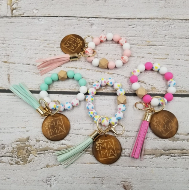 Mama Wooden Bangle Bracelet Keychain with Hearts & Tassels - Available in 4 Colors