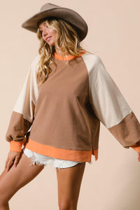 French Terry Color Block Top - Camel/Apricot