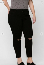 Load image into Gallery viewer, Mid Rise Distressed Knee Crop Skinny Jeans - Plus Size