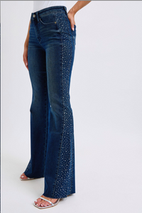 Mid Rise Dark Rhinestone Side Panel Detail Flare Jeans