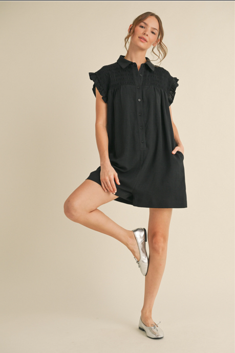 Black - Solid Romper with Collared Neck