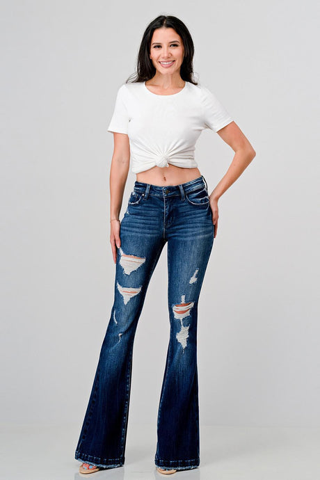 PETITE Distressed Mid Rise Stretch Flare Jeans