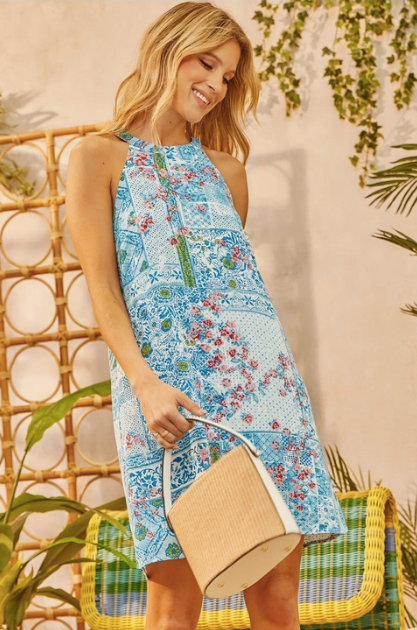 Ocean Blue Printed Halter Dress