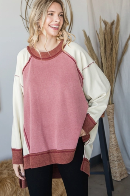 Mineral Washed Color Block Detail Loose Fit Knit Pullover Sweatshirt