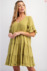 Green Tea - Double Ruffle Sleeves Soft Linen Dress - Plus Size