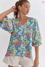 Load image into Gallery viewer, Floral Print V Neck Top - Blue - ONLY 1 LEFT! SIZE M