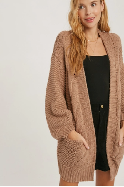 Mushroom - Chunky Cable Lantern Sleeve Cardigan