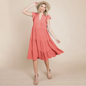 Terracotta V Neck Tiered Midi Dress - Plus Size