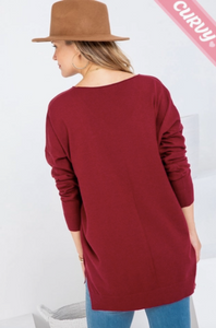 Burgundy - Cozy V Neck Sweater - Plus Size