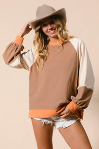 French Terry Color Block Top - Camel/Apricot