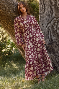 Floral Printed Maxi Dress - Burgundy Multi - Plus Size