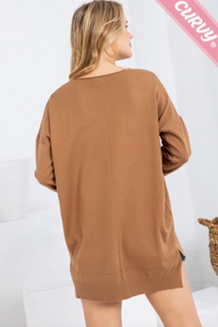 Camel - Cozy V Neck Sweater - Plus Size