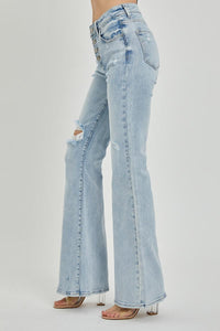 Mid Rise Button Down Flare Jeans