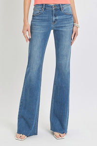 Mid Rise Flare Raw Cut Hem Jeans