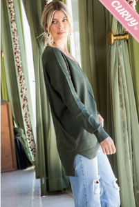 Olive - Cozy V Neck Sweater - Plus Size