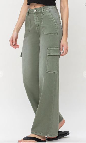 Olivia - High Rise Utility Cargo Wide Leg Jean - Army Green