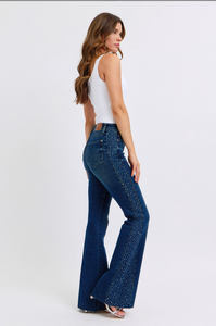 Mid Rise Dark Rhinestone Side Panel Detail Flare Jeans