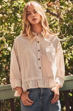 Load image into Gallery viewer, Striped Cropped Button Up Shirt with Ruffle Hem Detail - Plus Size