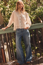 Load image into Gallery viewer, Striped Cropped Button Up Shirt with Ruffle Hem Detail