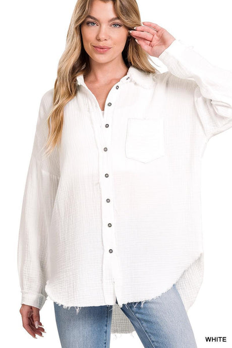 White - Double Gauze Oversized Raw Edge Shirt