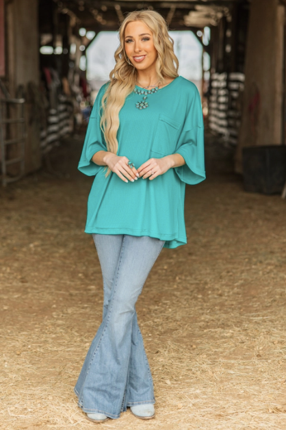 Emerald - Ribbed Relaxed Boyfriend Shirt with Pocket Detail
