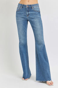 Mid Rise Flare Raw Cut Hem Jeans