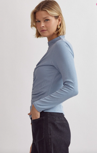 Shirred Detail Ribbed Top - Blue Blush