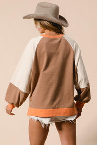 French Terry Color Block Top - Camel/Apricot