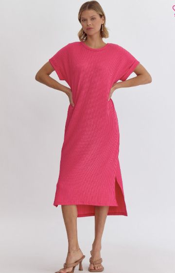Hot Pink Ribbed Midi Dress - Regular and Plus Size