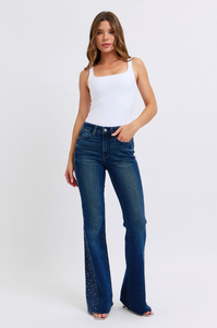 Mid Rise Dark Rhinestone Side Panel Detail Flare Jeans