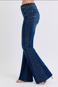 Mid Rise Dark Rhinestone Side Panel Detail Flare Jeans