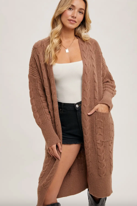 Mocha - Cable Knit Sweater Long Line Cardigan