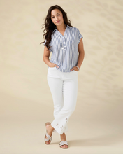 Load image into Gallery viewer, Reagan Cap Sleeve Striped Collared Top - Dusty Blue &amp; White