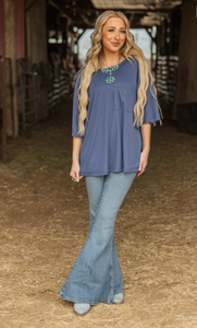 Navy - Ribbed Relaxed Boyfriend Shirt with Pocket Detail