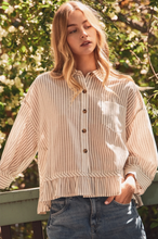 Load image into Gallery viewer, Striped Cropped Button Up Shirt with Ruffle Hem Detail
