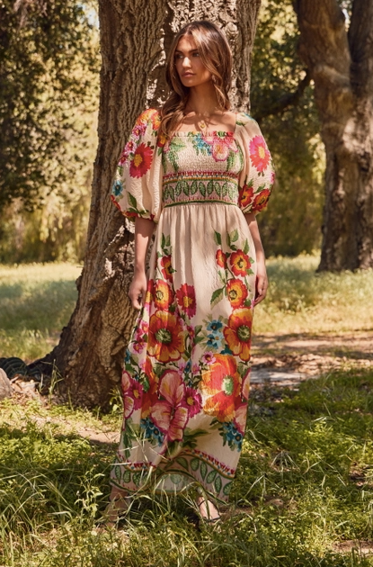 Floral Border Printed Maxi Dress - Ecru Multi