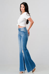 PETITE Distressed Super High Rise 70's Inspired Flare Jeans