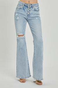 Mid Rise Button Down Flare Jeans