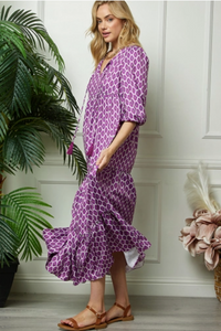 Purple Print Puff Sleeve Maxi Dress