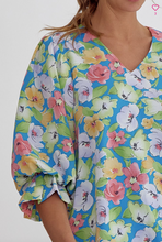 Load image into Gallery viewer, Floral Print V Neck Top - Blue - ONLY 1 LEFT! SIZE M