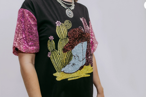 Sparkle Cactus Sequin Embroidered Tee Dress