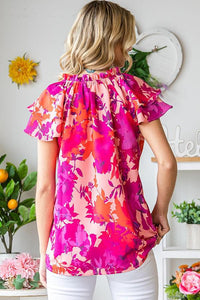 Floral Print Tie Neck Ruffle Tiered Sleeve Blouse