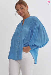 V Neck Button Up Top - French Blue