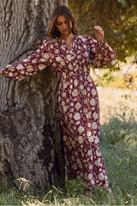 Floral Printed Maxi Dress - Burgundy Multi - Plus Size