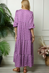 Purple Print Puff Sleeve Maxi Dress