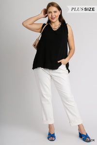 Black Sleeveless V Neck Frayed Top - Plus Size