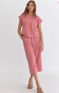 Textured Wide Leg Pants - Coral Pink - Regular & Plus Sizes